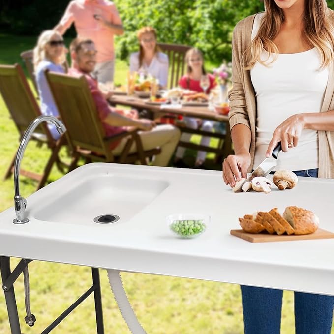 Fish Cleaning Table with Sink and Faucet, Folding Camping Sink Table for Dock Beach Patio Picnic