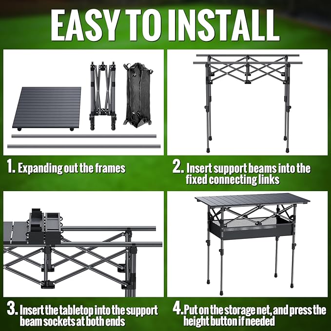 GARLLEN Folding Camping Table, 2 Adjustable Height Portable Roll-up Picnic Table with Storage Net, Lightweight Aluminum Outdoor Table with Carrying Bag for Camping, BBQ, Picnic, 32.2" L x 15.7" W