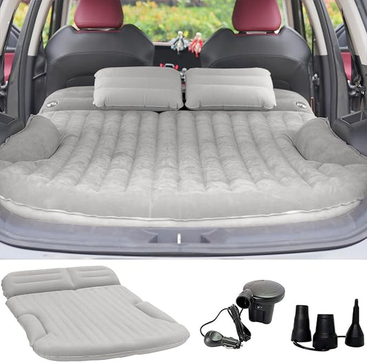 KMZ SUV Air Mattress Thickened and Double-Sided Flocking Travel Camping Bed with 2 Pillows & Electric Pump Dedicated Mobile Cushion Inflatable Bed for SUV Trunk and Rear Seat (Light Gray)