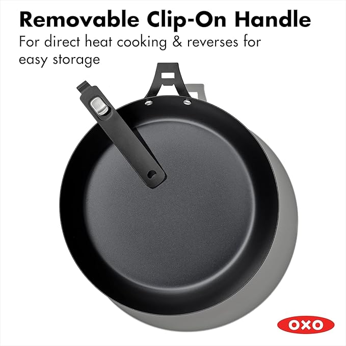 OXO Outdoor Pre-Seasoned Carbon Steel 12" Frying Pan Skillet, Detachable Handle for Easy Storage, Indoor Use, Nonstick with Use, Induction Suitable,Oven & Broiler Safe,Browning, Grill,Sear,Saute,Black