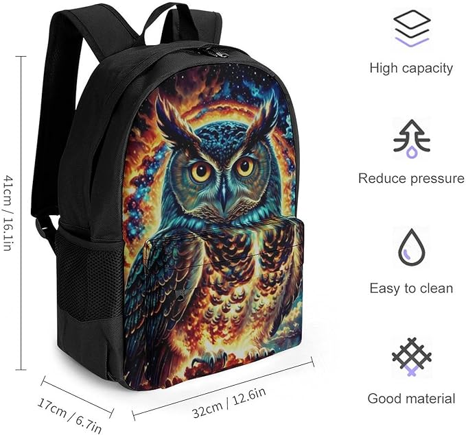 Polyester Daypack Backpack for Sports Travel Running, Big Capacity Anti-Theft Multipurpose Carry On Bag, Galaxy Nighthawk Owl Laptop Book Bag Rucksack
