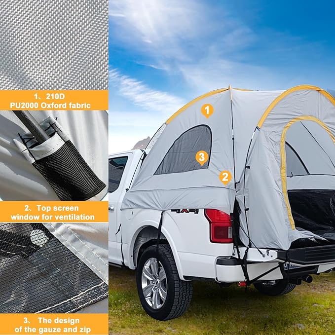 Inflatable Truck Bed Tent for Camping 5.5ft-8ft, PU 3000mm Waterproof Pickup Truck Tent with 4'' Thick TPU Air Beams, 2 Mins Fast Setup Portable Ground & Truck Tent for 2-3 Person