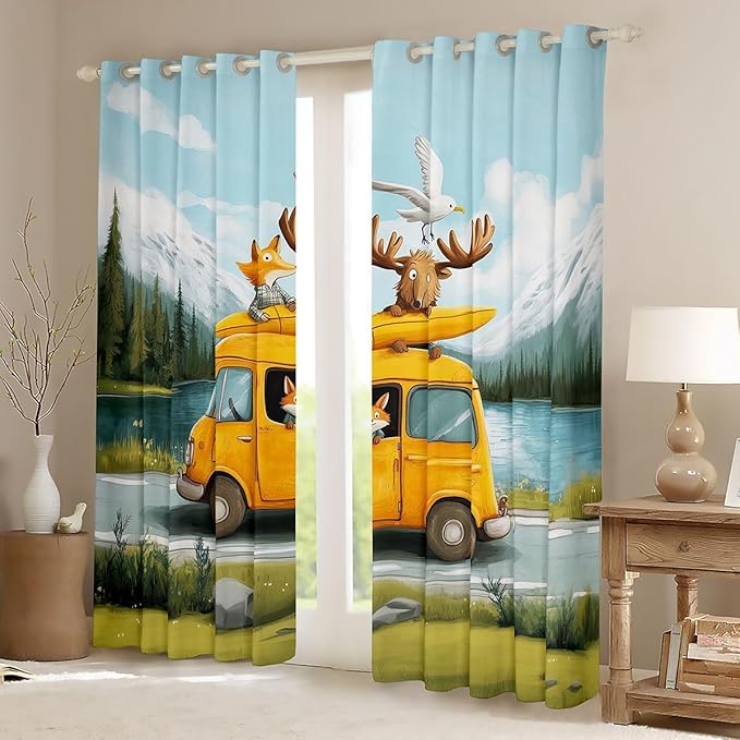 Manfei Camper Camping Boys Girls Room Decor,RV Trailer Adventure Fox Wildlife Blackout Curtains,Pine Tree Mountain Lake Farmhouse Blackout Curtains,Rustic Green 2 Panels,38Wx45L inch