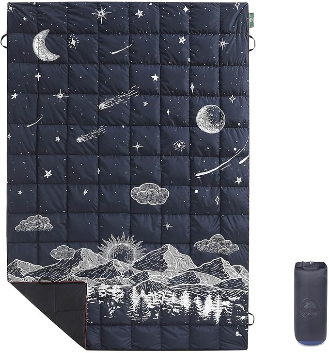 Down Camping Blanket, Ultralight Compact Packable Throw with Snaps for Outdoor Indoor, Travel Stadium Concert Picnic Beach, Puffy 650 Fill Down Water-Resistant Quilt (Midnight Sunrise)
