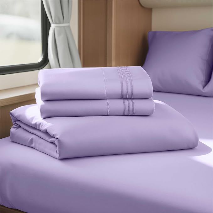 Hearth & Harbor Short Queen Sheets for RV, Lavender RV Queen Sheets, Silky Soft 1800 Microfiber Bed Sheet for Camper, 4 Piece RV Bedding with Pillowcases