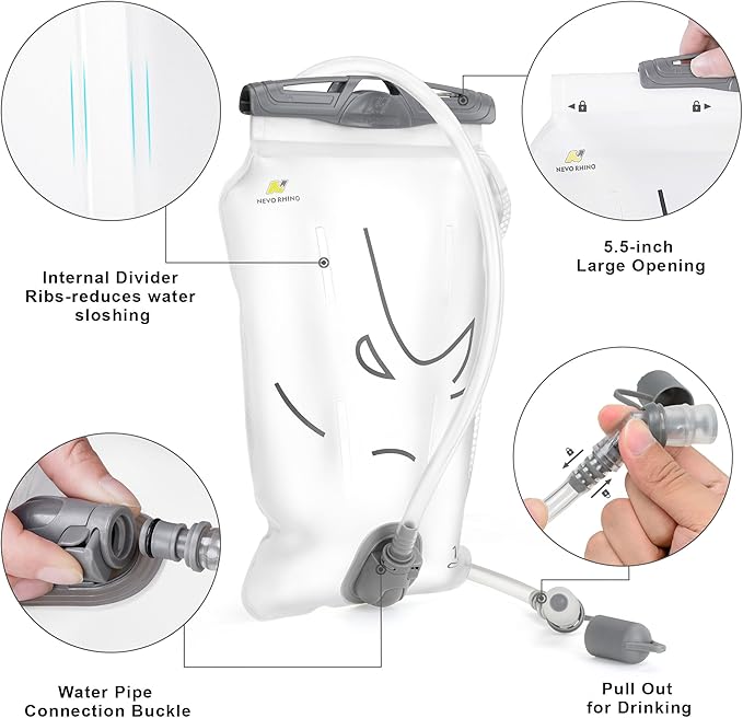 N NEVO RHINO Water Bladder 1.5L-2 Liter, BPA -Free Hydration Bladder for Hiking Backpack Running Vest, Leak - Proof Water Reservoir Storage Bag for Camping & Outdoor Adventures
