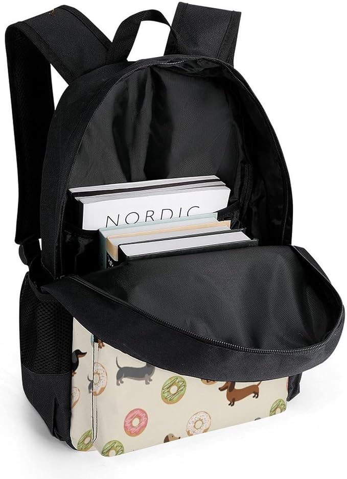 Polyester Daypack Bookbag for Gym Business Bicycle, Large Capacity Multipurpose Anti-Theft Carry On Bag, Dachshund Dog Donuts Cute Doxie Travel Hiking Daypack