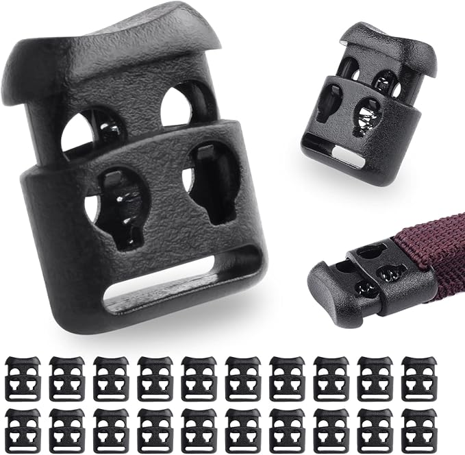 20 PCS Plastic Cord Locks for Paracord Drawstring Clip, Double Hole Spring Toggle Cord Stopper Sweatpant Hat Gloves Backpack Hoodie String Lock Elastic Shoelace Lock Fastener