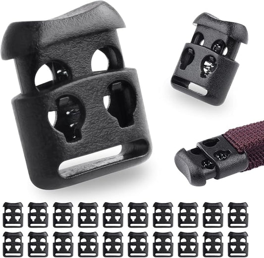 20 PCS Plastic Cord Locks for Paracord Drawstring Clip, Double Hole Spring Toggle Cord Stopper Sweatpant Hat Gloves Backpack Hoodie String Lock Elastic Shoelace Lock Fastener