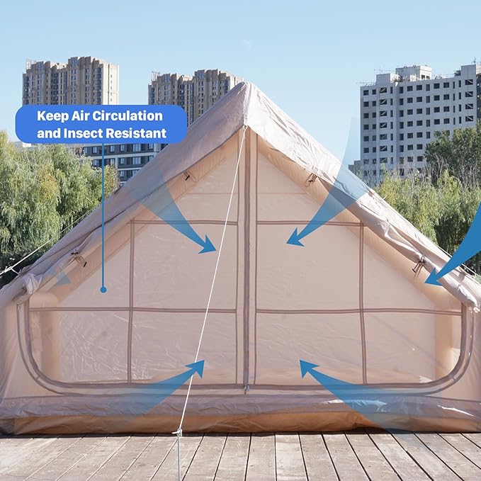 Inflatable Tents for Camping with Pump, Air Glamping Tents, Easy Setup 10 * 6.9ft Waterproof Blow up Tent, 2-4 People Oxford Cabin Tent with Mesh Window.