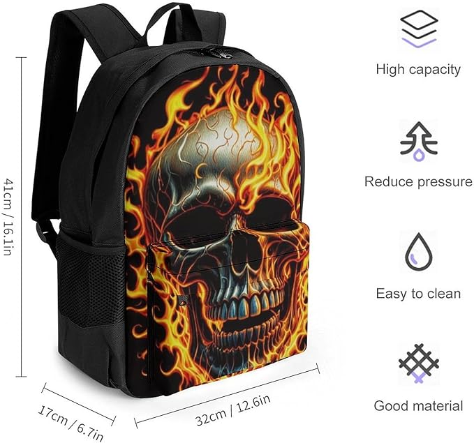 Lightweight Rucksacks for Camping Picnic Walking Cycling, Large Capacity Multipurpose Anti-Theft Carry On Bag, Flaming Fire Skull Travel Hiking Camping Rucksack