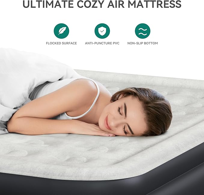 YITAHOME Queen Size Air Mattress with Headboard, 18in Inflatable with Pillow, Blow Up Mattress with Removable Electric Pump, Comfort Air Bed Queen for Camping & Home