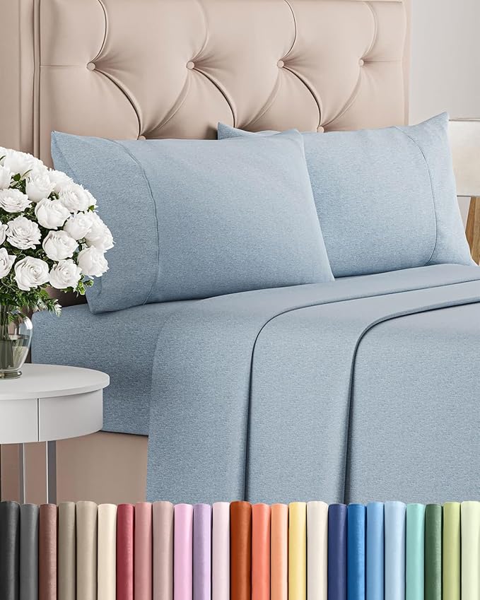 Full Size 4 Piece Sheet Set - Comfy Breathable & Cooling Bed Sheets Set - Hotel Luxury Bedding for Women, Men, Kids, Teens, Boys & Girls - Deep Pockets, Soft & Wrinkle Free - Blue (Heathered Sheets)