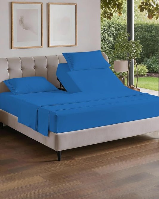 Flex Top Split Head King 4 Piece Sheet Set - Comfy Breathable & Cooling Bed Sheets Set - Hotel Luxury Bedding for Women, Men, Kids, Teens, Boys & Girls - Deep Pockets, Soft and Oeko-Tex - Royal Blue