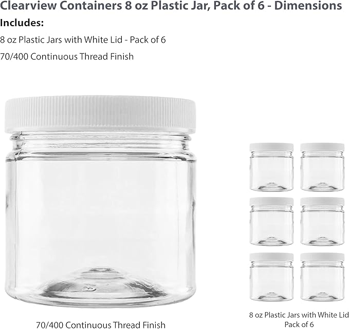Plastic Storage Jars with Leak Proof Lids, BPA Free, Hand Wash Only (8oz Jar, 6PK)