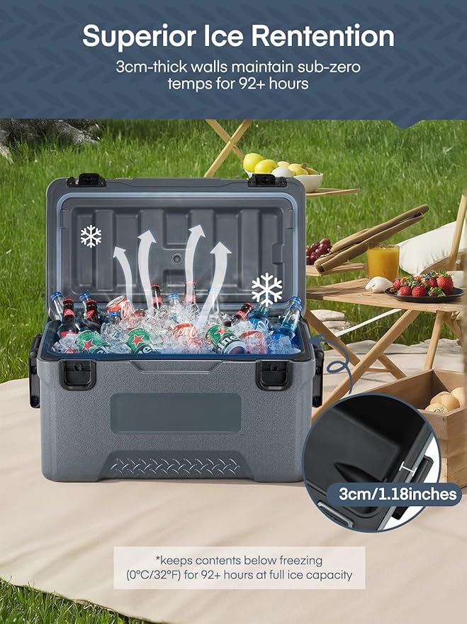 Cooler, Portable Hard Cooler with Dual Latches, Insulated Ice Chest with Swing-up Side Handles, Molded Ruler＆Cup Holders, Coolers Keeps Cool for 3+ Days, Camping Fishing Road Trips Beach, 47.5 QT