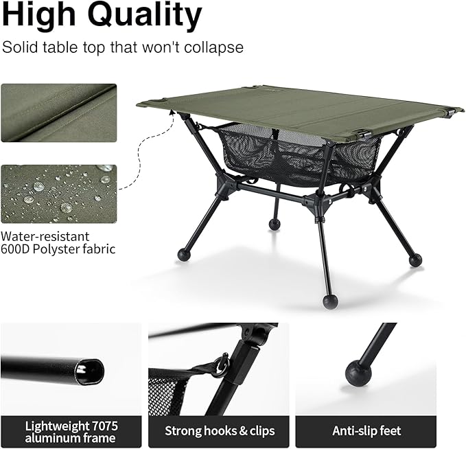 ONETIGRIS Dipper Camping Table, Lightweight Portable Folding Table with Mesh Storage Net, High/Low Options, Ideal for Camping, Hiking, Tailgating, Beach, Picnic, Travel, Backyard