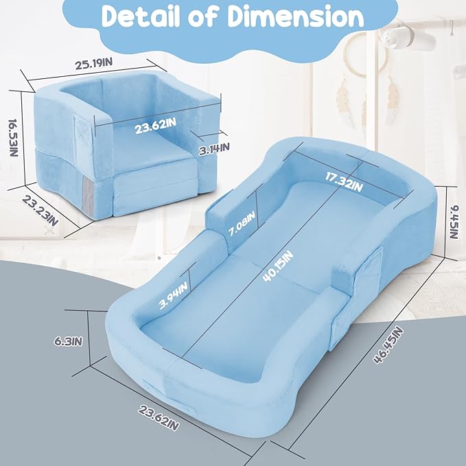 Toddler Travel Bed, 2-in-1 Foldable Portable Toddler Bed Sofa Chair, Soft Baby Kids Travel Floor Cot with Washable Covers Safety Foam Raised Bumper for Camping Hotel Sleeping (Blue)