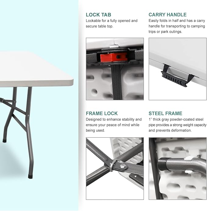 AJP Distributors 6 Foot Portable Plastic Folding Table 6FT 72" Half Foldable Heavy Duty Top w/Carry Handle - Indoor Outdoor Backyard Camping Picnic BBQ Party Wedding Dining Office Event Meeting White