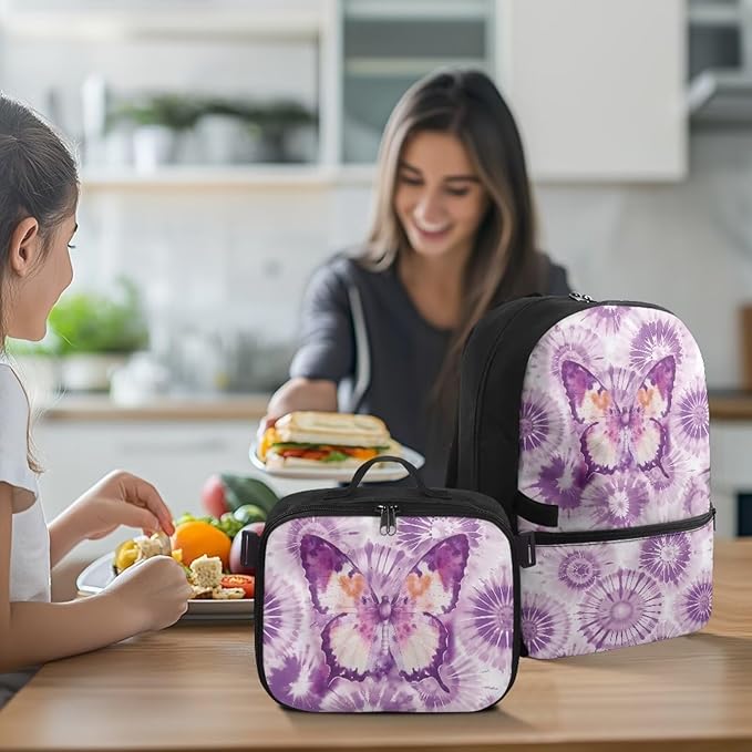 HUGS IDEA Purple Butterfly Backpack for School Girls Bookbag and Lunch Box for Kids 17 Inch Backpack Purse for Elementary Children Lightweight School Bookbag for Students