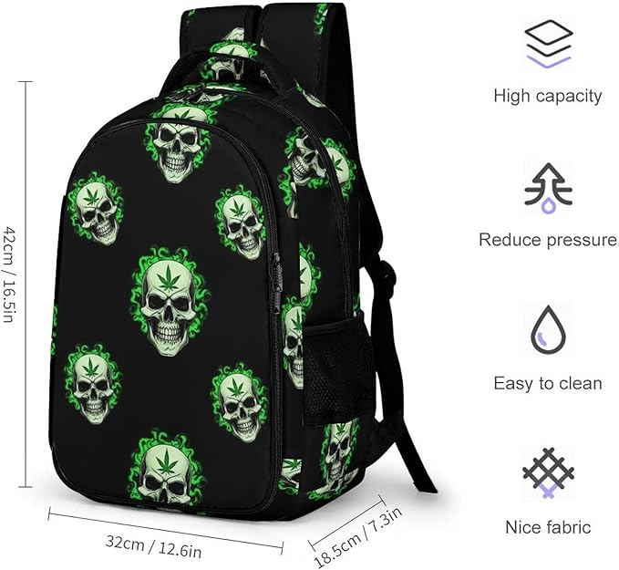 Nurse Teacher Laptop Backpack Skull WeedLeaf Leaves Green Black, Cute Travel Backpack Purse with Tumbler Holder for Women College Work Commute
