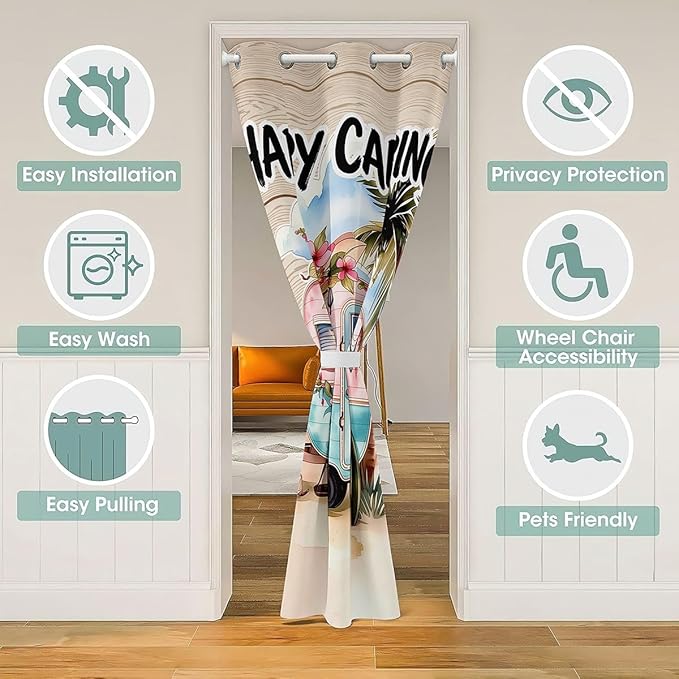 Happy Camping Door Curtain For Doorway Privacy For Girls - Vintage Camper Trailer Blackout Curtain Hibiscus Floral Palm Tree Door Drape Tropical Beach Retro Camping Window Treatment 42"W x 80"L