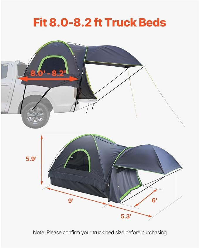 Truck Tent 8-8.2ft Waterproof Camping Tent - 2-3 Person Pickup Bed Tent PU2000