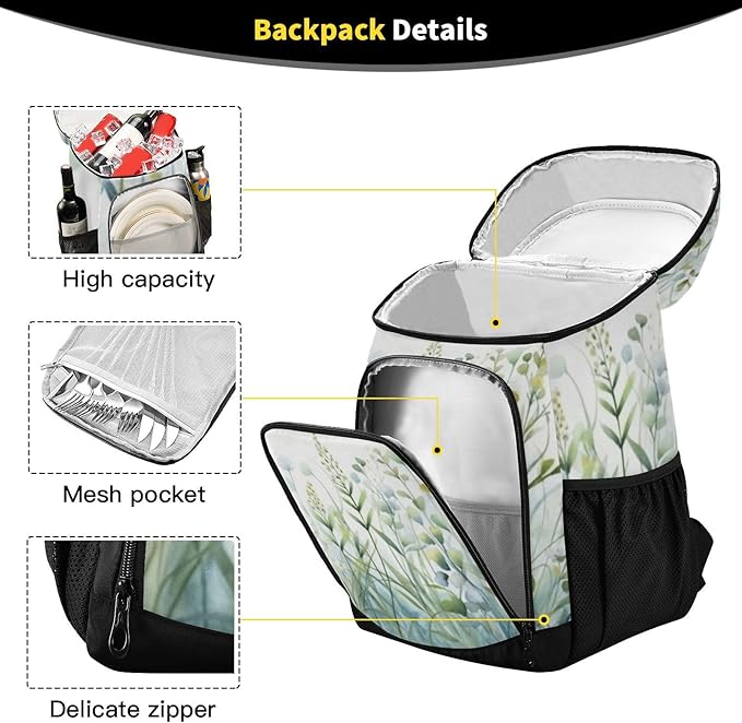 YETTASBIN Leakproof 36 Cans Cooler Backpack for Men Women - Green Wildflower Insulated Backpack Cooler Large Capacity Waterproof Lunch Bag for Hiking, Camping, Beach, Fishing, Work