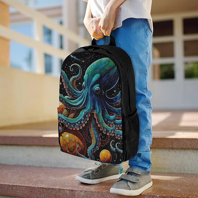 Supdreamc Lightweight Daypack Backpack for Sports Travel Running, Large Capacity Multipurpose Anti-Theft Bookbag, Octopus On The Moon Holding Stars Planet Art Laptop Backpack Daypack
