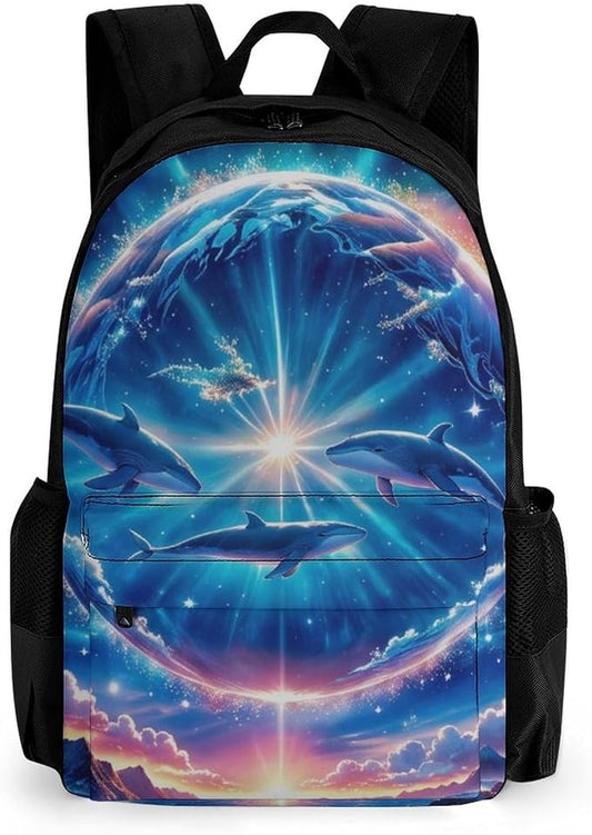 Lightweight Backpack for Gym Travel Bicycle, Big Capacity Multipurpose Anti-Theft Carry On Bag, Galaxy Dolphin Star Space Travel Hiking Bag Day Pack