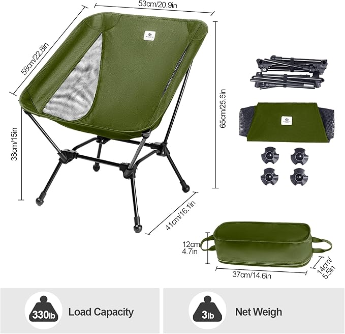 Camping Chair, Foldable with Storage Bag, Portable & Lightweight for Adults, 330lbs Capacity - Hiking, Fishing, Beach, Lawn (Green)