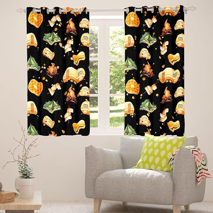 Cartoon Camper Blackout Curtains,Tent Bonfire Campfire Rustic Farmhouse Boys Girls Room Decor,Picnic RV Nature Camping Window Drapes,Black 2 Panels,52Wx96L inch