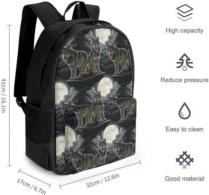 Sturdy Multipurpose Dual Shoulder Bag for Gym and Outdoor Activities, Full Moon Wolf, Travel Hiking Daypack