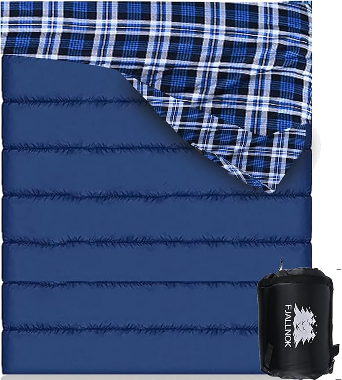 Double Sleeping Bag Cotton Flannel for Camping, Backpacking Or Hiking. Waterproof Queen Size Two Person Sleeping Bags for Adults Or Teens. Lightweight with Compression Sack