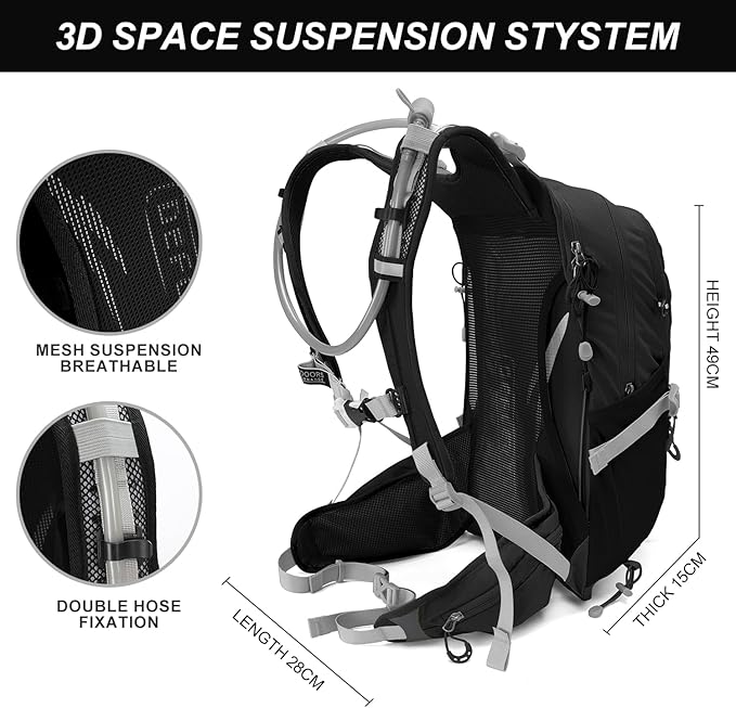 IX INOXTO 20L Hydration Backpack, Waterproof Hiking Internal Frame Backpacks with 2L Hydration Water Bladder and Rain Cover for Men, Lightweight Travel Daypack for Cycling,Camping,Ski (black)
