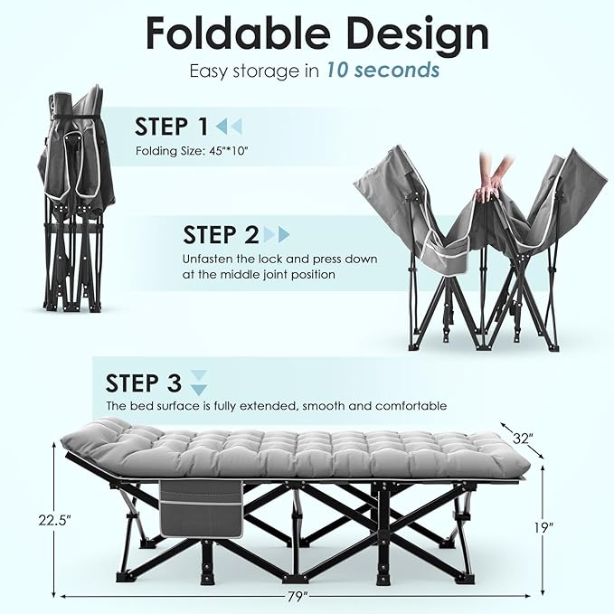 Suteck Camping Cot, 32In XXL Folding Camping Cot Heavy Duty Sleeping Bed for Adults 1200D Double Layer Oxford Cots for Camping W/Pilllow Mattress Carry Bag for Home Office Nap Beach Travel, 900LBS
