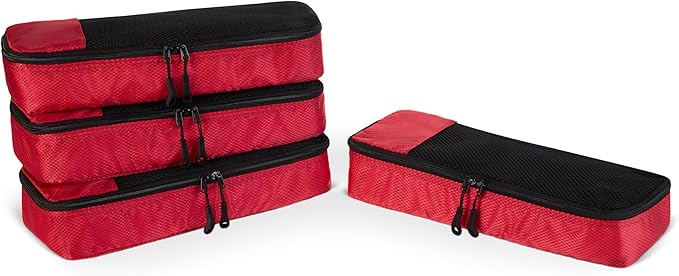 Amazon Essentials 4-Piece Space-Saving Packing Cubes Travel Accessories Set, Luggage Organizer with Double Zipper, Mesh Top, 100% Polyester, Slim, Red (Previously Amazon Basics)