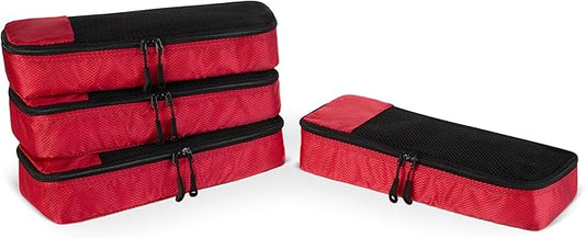 Amazon Essentials 4-Piece Space-Saving Packing Cubes Travel Accessories Set, Luggage Organizer with Double Zipper, Mesh Top, 100% Polyester, Slim, Red (Previously Amazon Basics)