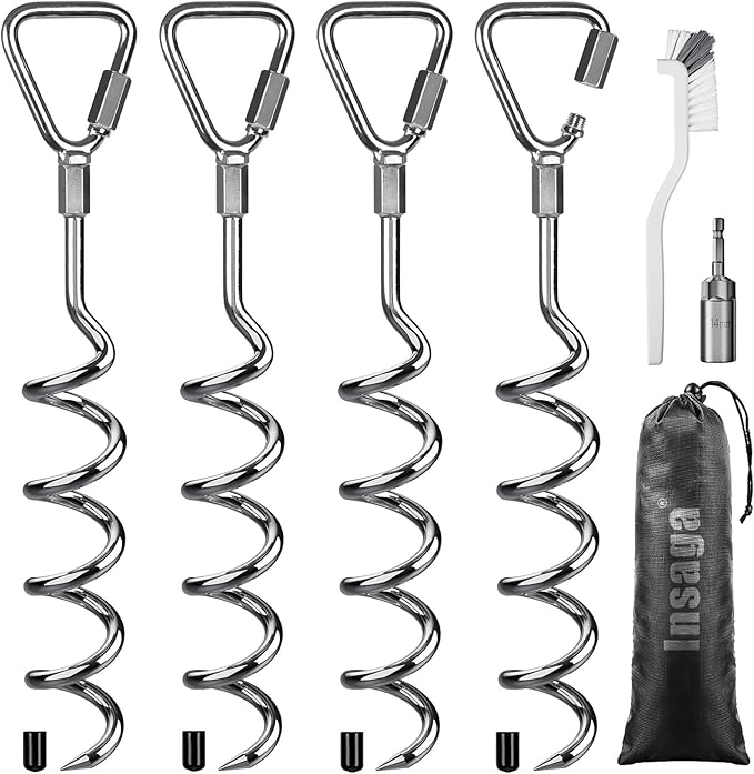 Multi Purpose Ground Anchors Screw in, 18'' Corkscrew Trampoline Stakes, Removable Trampoline Anchors, Tent Stakes Heavy Duty Spiral Ground Anchors for Camping Tent, Swing Set, Shed, Set of 4