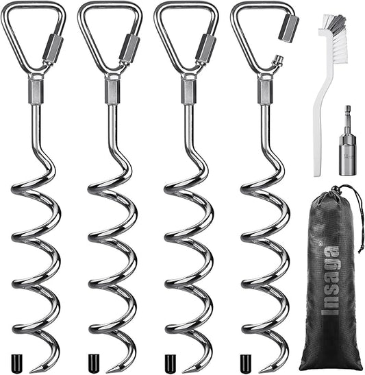 Multi Purpose Ground Anchors Screw in, 18'' Corkscrew Trampoline Stakes, Removable Trampoline Anchors, Tent Stakes Heavy Duty Spiral Ground Anchors for Camping Tent, Swing Set, Shed, Set of 4