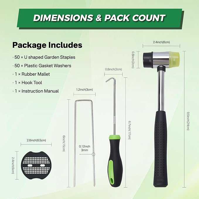 100Pcs Landscape Fabric Stakes 6 Inch + 100Pcs Gaske+Pick Hook+Rubber Mallet, Weed Barrier Stakes 11 Gauge U Shaped Galvanized Landscape Pins Yard Ground Pin for Weed Barrier Sod Fabric Decoration