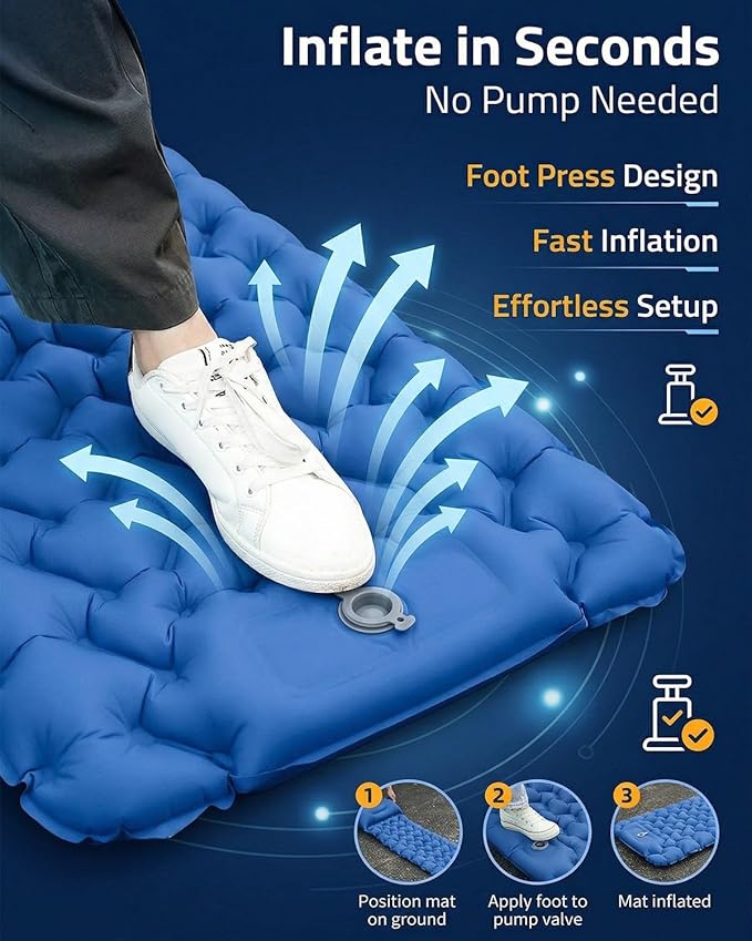 Lounge Mat - Your Portable Chill Zone Thick Memory Foam Sleeping Pad for Outdoor Camping Self Inflating Air Mattress with Pump Folding Backpacking Bed Mat Hiking Essentials Gear(Double-blue1)