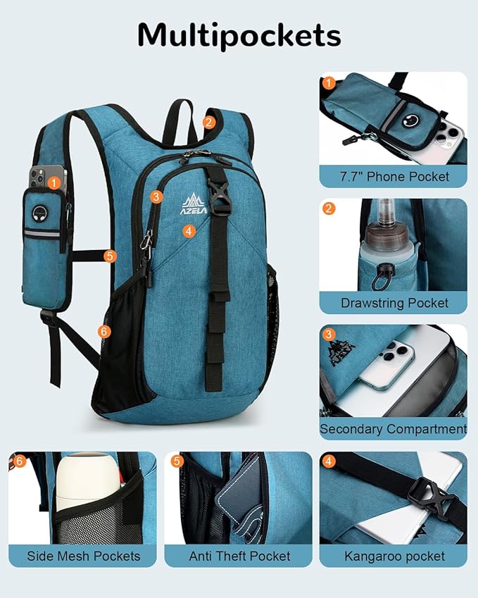 Folding Hiking Backpack with Phone Pocket for Men Women, Small Ultralight Packable Casual Daypack with Shoulder Chest Straps for Travel, 15L Foldable Lightweight Day Pack, Blue