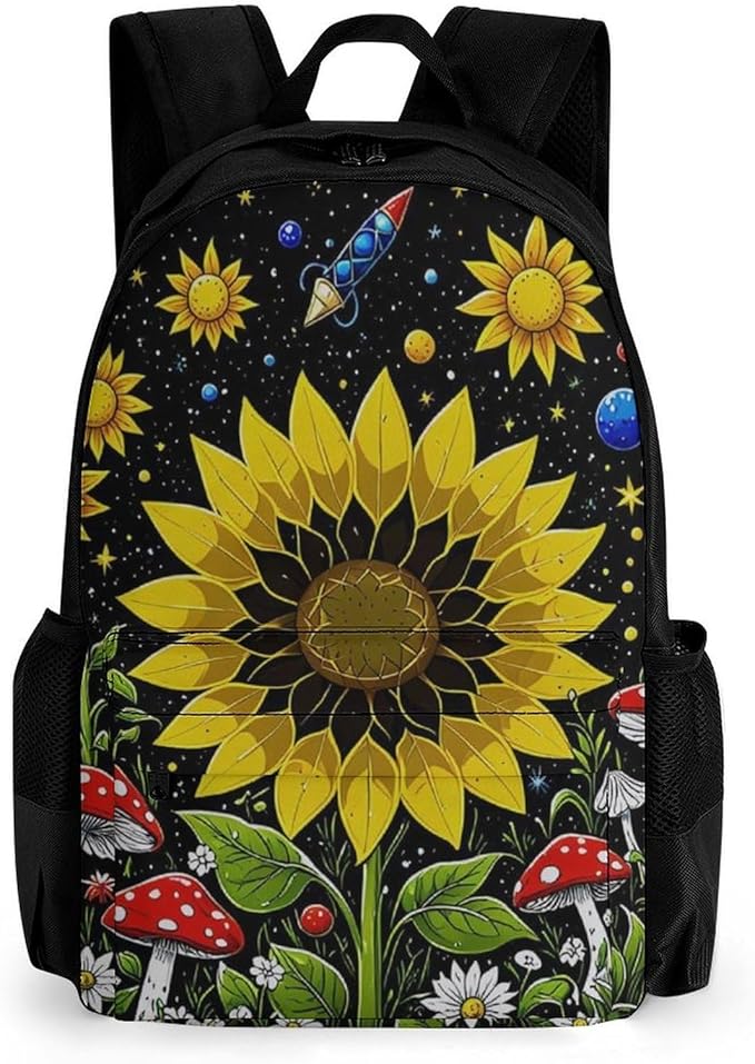 Supdreamc Men Women Lightweight Psychedelic Sunflower Mushroom Floral Art Daypack Bookbag Big Capacity Carry On Bag With Side Pockets for Camping Travel Bicycle
