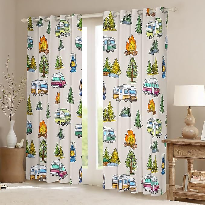 Feelyou Vintage Camper Blackout Curtains Rustic Camping Trailer Darkening Drapes for Bedroom Living Room Decor Happy Camping Thermal Insulated Shades Window Treatments, 2 Panels 42 x 84 Inch