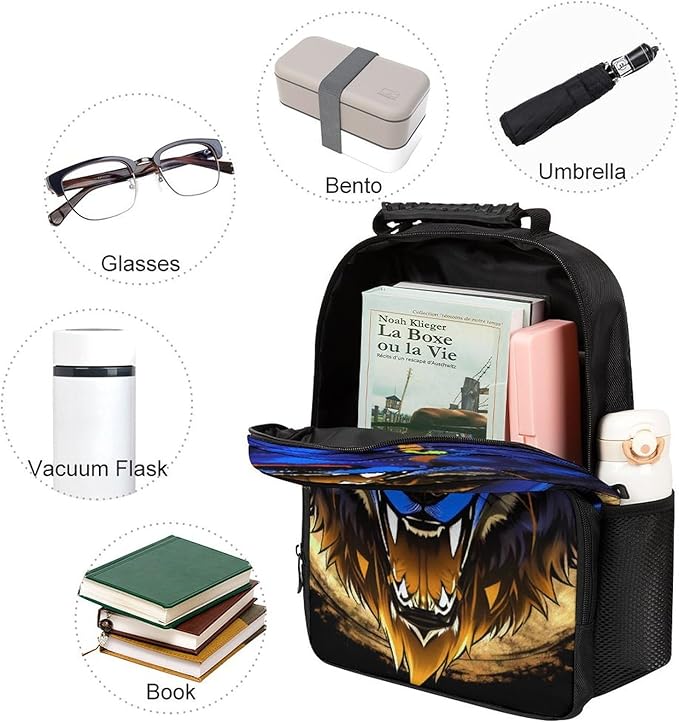 Lightweight Daypack for Camping Business Walking Cycling, Large Capacity Anti-Theft Multipurpose Bookbag, Wolf Head With Fire Art Gym Outdoor Hiking Backpack