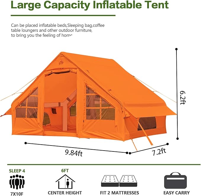 Inflatable Camping Tent,2/4/6/8 Person Glamping Inflatable Tents with Awning, Quick Setup Blow Up Tents with Pump, Waterproof Oxford Inflatable House for Camping, Air Glamping Hot Tents for Adult