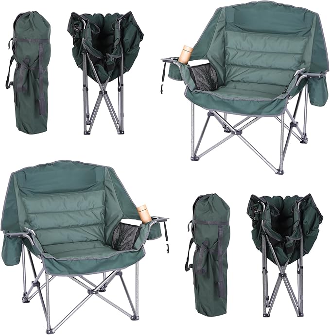 Folding Camping Chair, Padded Chair, Oversized Camping Chair, Lawn Chair for Adults, Heavy Duty 400lb Carry Bag Cupholder & Cooler (2-Pack)