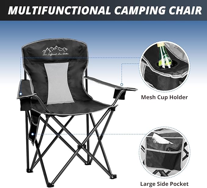 Mesh Folding Camping Chairs, Oversized Portable Outdoor Chairs, Weight Capacity 325 lbs with Cup Holder, Storage Pocket, Carry Bag Black