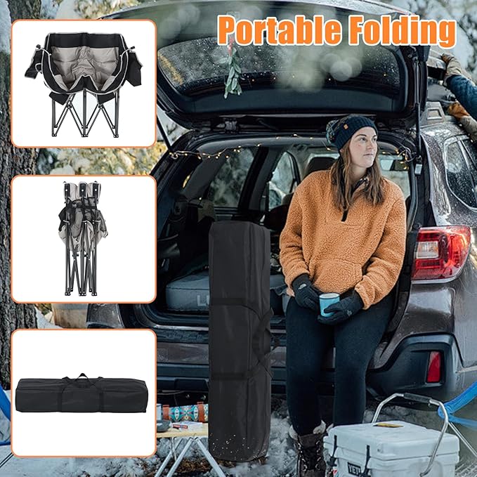 CDEN Heated Camping Chair with Battery, Padded Chair, Oversized Camping Loveseat, Double Camping Chairs, with Cup Holder, Cooler Bag, Wine Holder, Dual Power Banks Included(Black & Gray)